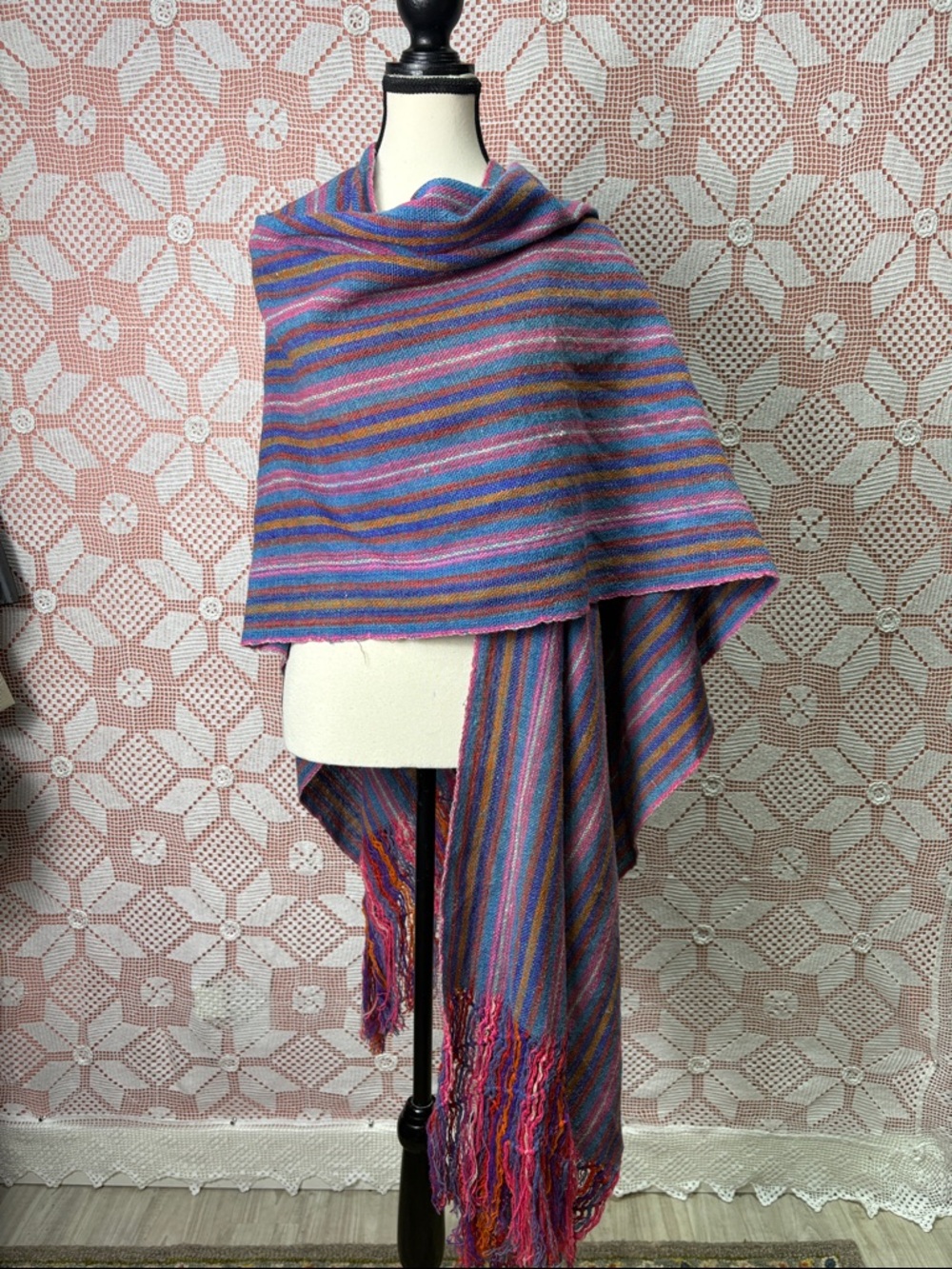 Handwoven Boho Striped Shawl Wrap | Fringe Artisan Scarf